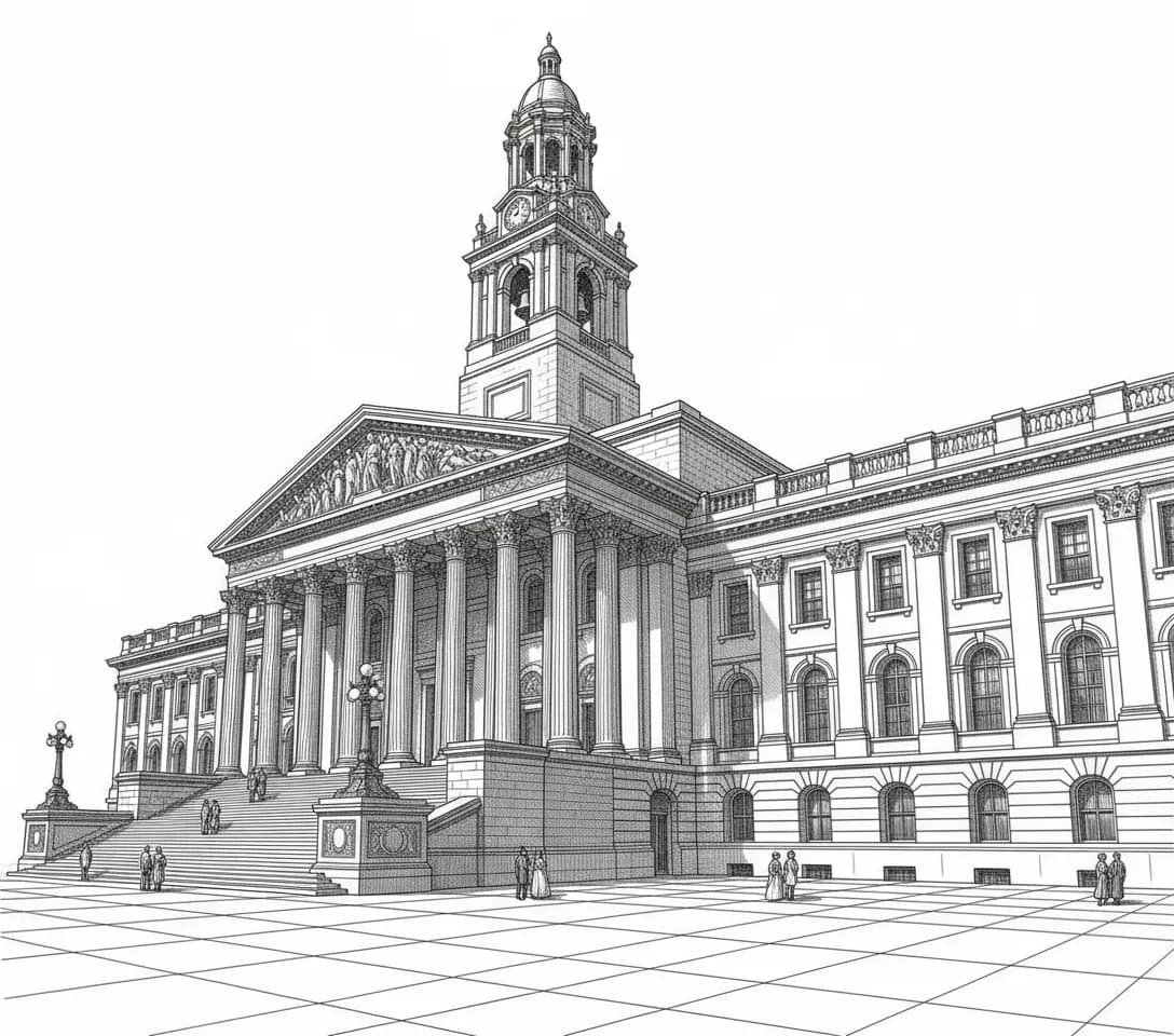 Line drawing of a columned civic building with a clock tower, seen from the plaza below