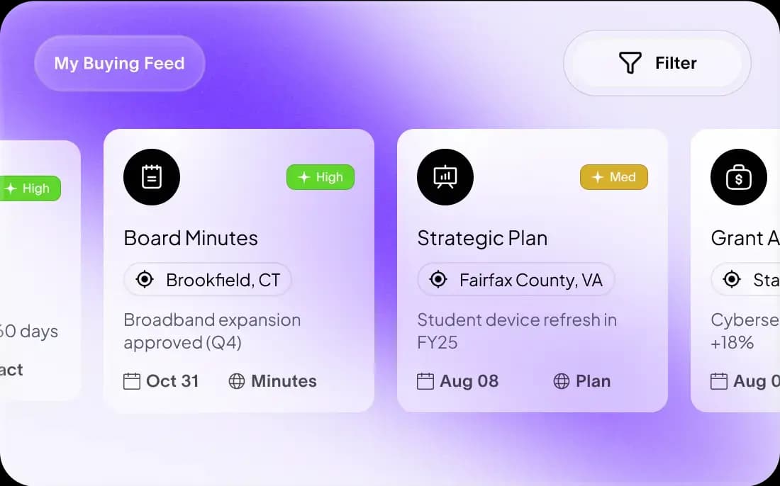 Starbridge my buying feed showing board minutes, strategic plan, and grant award signal cards
