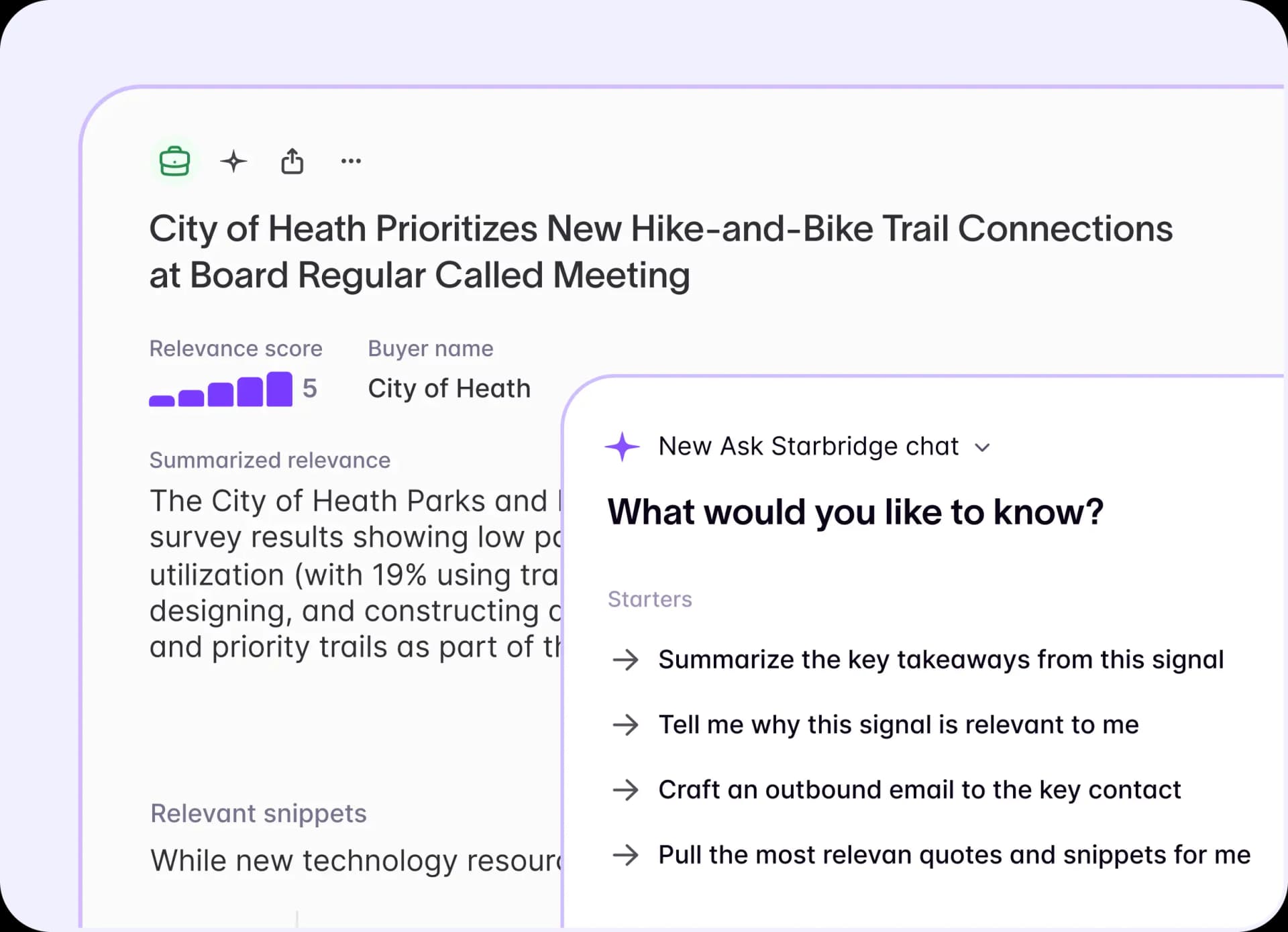 Ask Starbridge surfacing an instant, context-aware answer from a signal in the feed